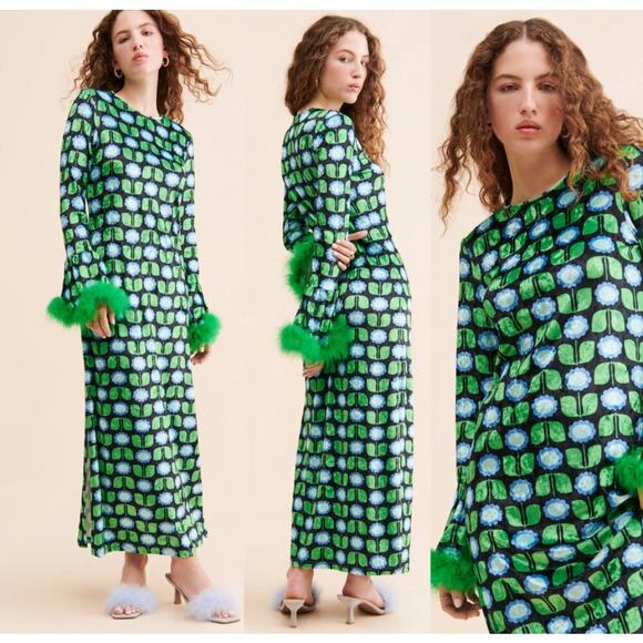 Anna Sui Blue Green Velvet Daisies Maxi Dress - Picture 1 of 6